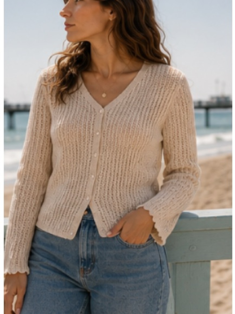 Gorgeous Chic Cream Knit Cardigan Sweater, Size Medium